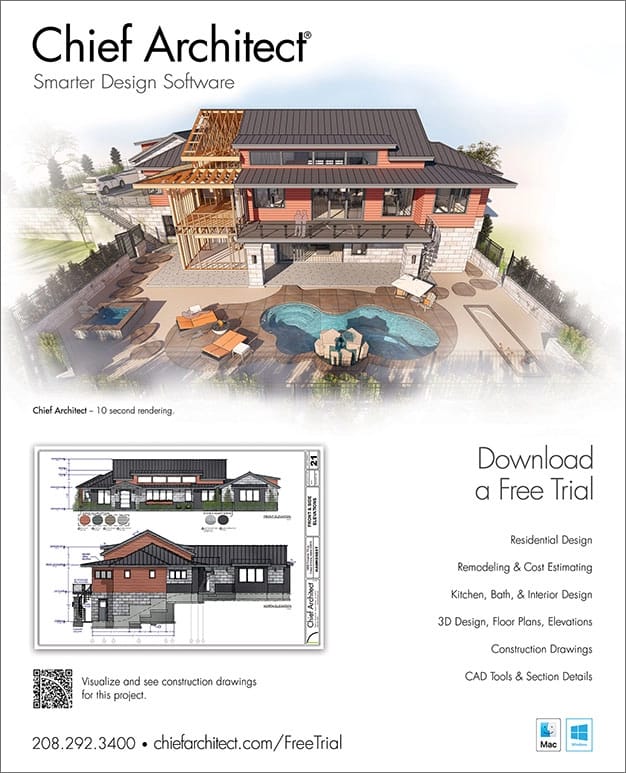 Chief Architect magazine ad showing the Hawksnest sample plan exterior render and layout sheet.