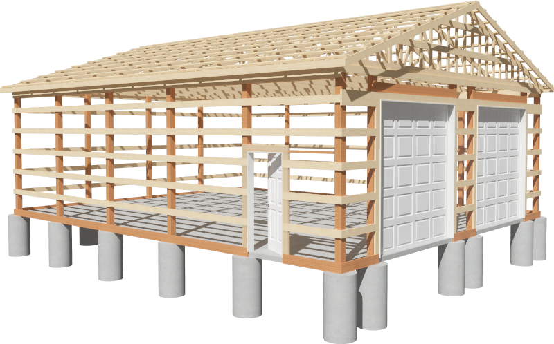 Camera view of the building's framing components, doors, and foundation