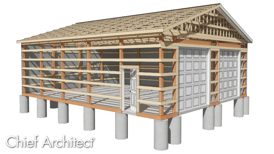 Piers, posts, girts, purlins, trusses, and doors making up a pole building structure Structure created using post-frame construction
