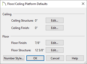 Floor/Ceiling Platform Defaults dialog with 0" Ceiling Structure and Ceiling Finish