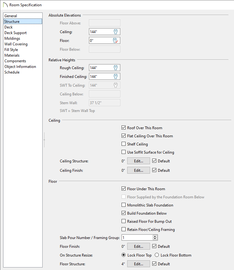 Structure panel of the Room Specification dialog