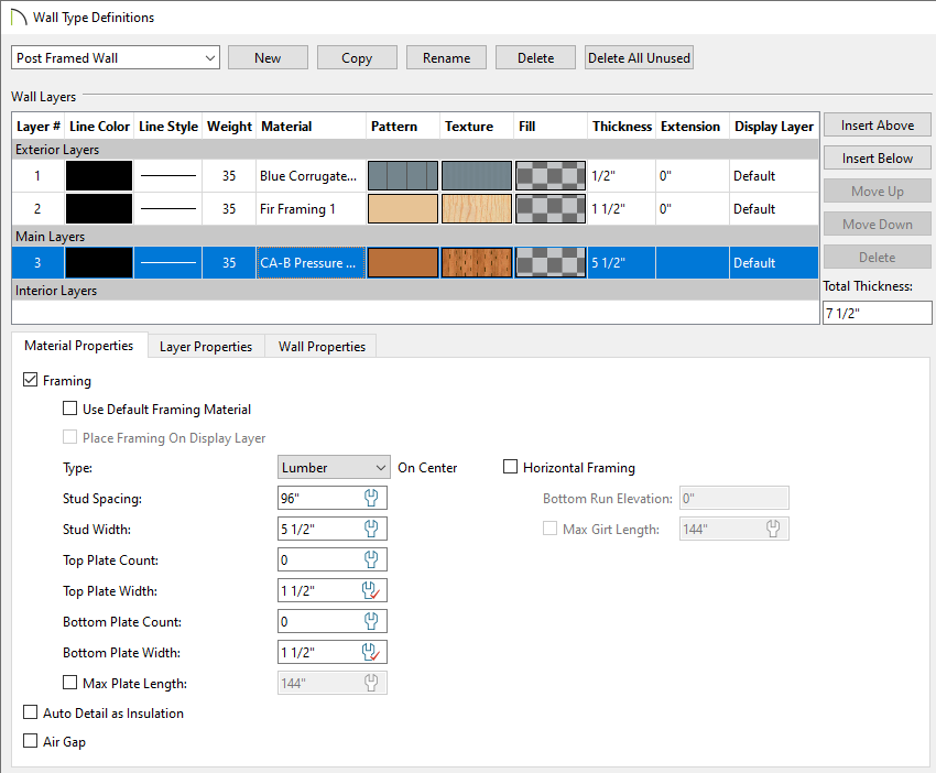 Post Framed Wall defined in the Wall Type Definitions dialog